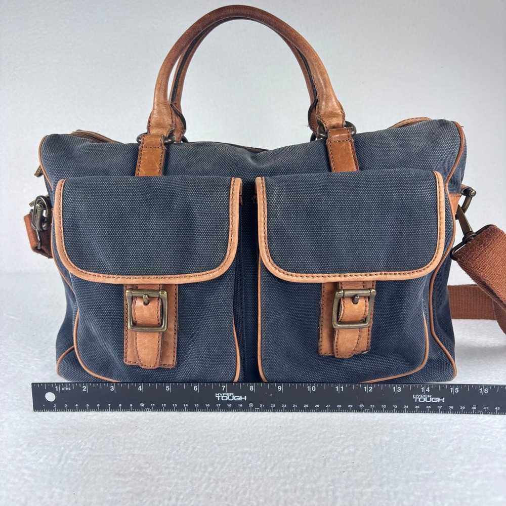 Y2K VTG Fossil Messenger Bag Navy Blue Canvas Leather Laptop Satchel Academia - Picture 12 of 16